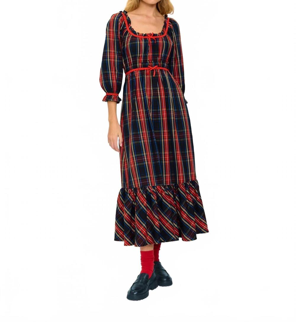 NEW PINK CITY PRINTS agatha midi dress in midnight tartan